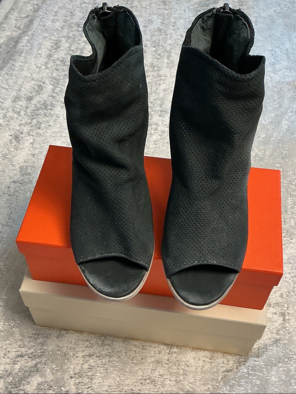 Dolce Vita Blue Perforated Open-Toe Suede Booties with Block Heel